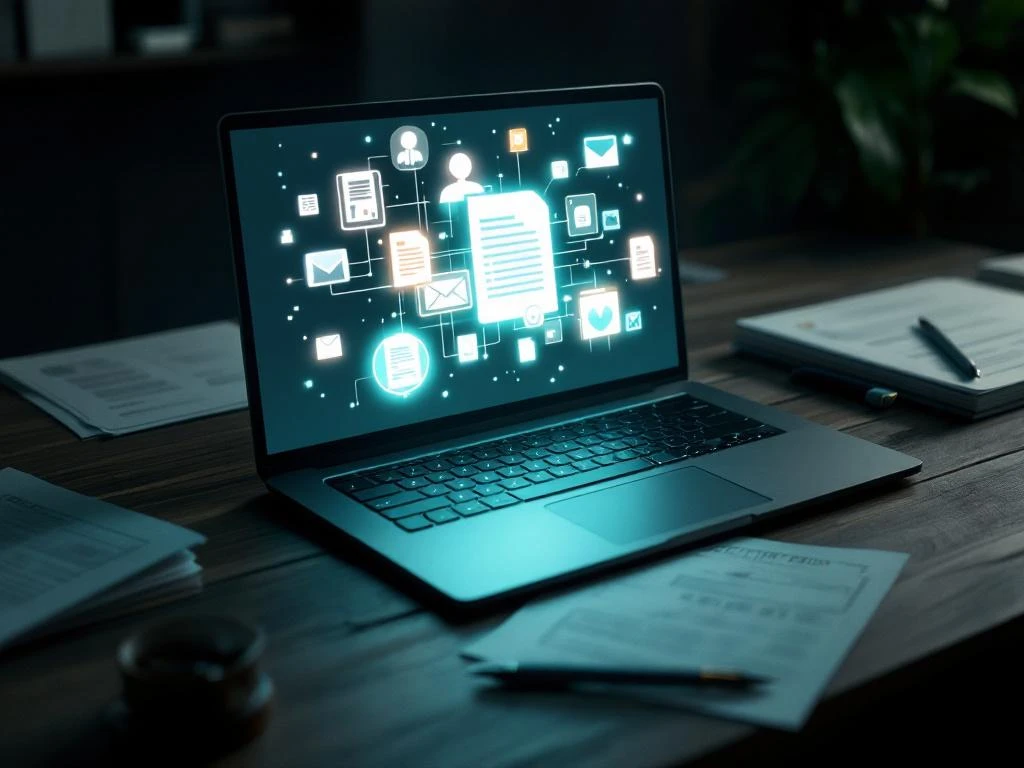 Moderne laptop met gloeiende juridische documenticonen op scherm, omgeven door officiële papieren op houten bureau