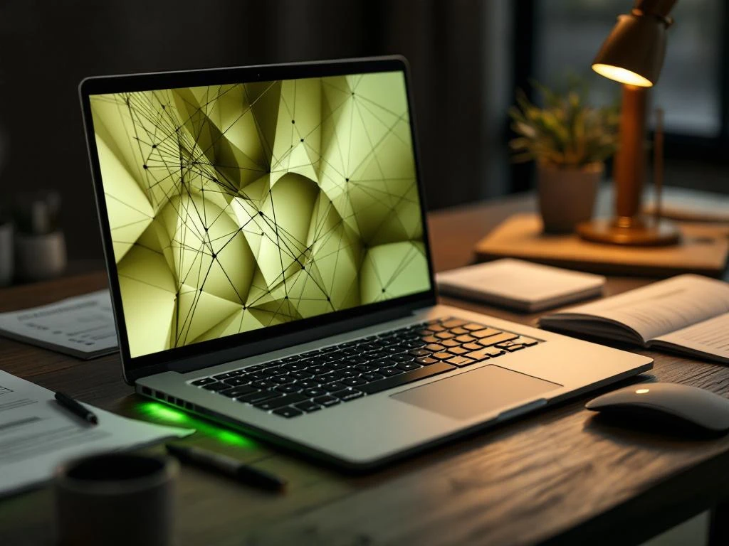 Moderne laptop met geometrische patronen op scherm tussen auditdocumenten en checklists op houten bureau