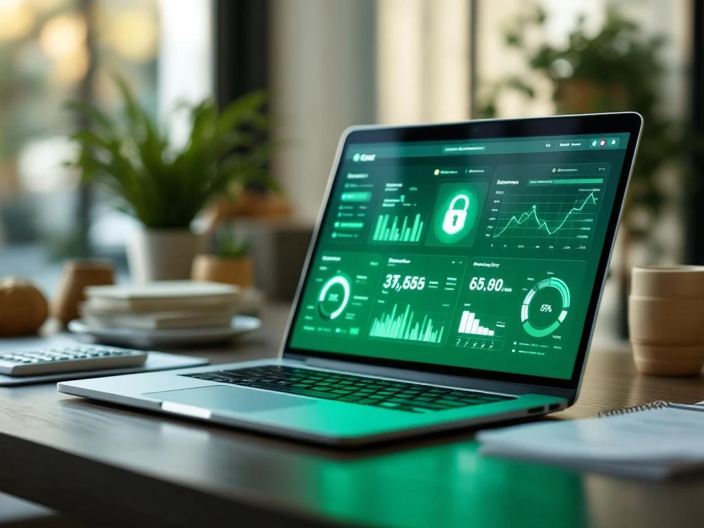 Moderne laptop met groene beveiligingsdashboards op houten bureau naast rekenmachine en budgetdocumenten