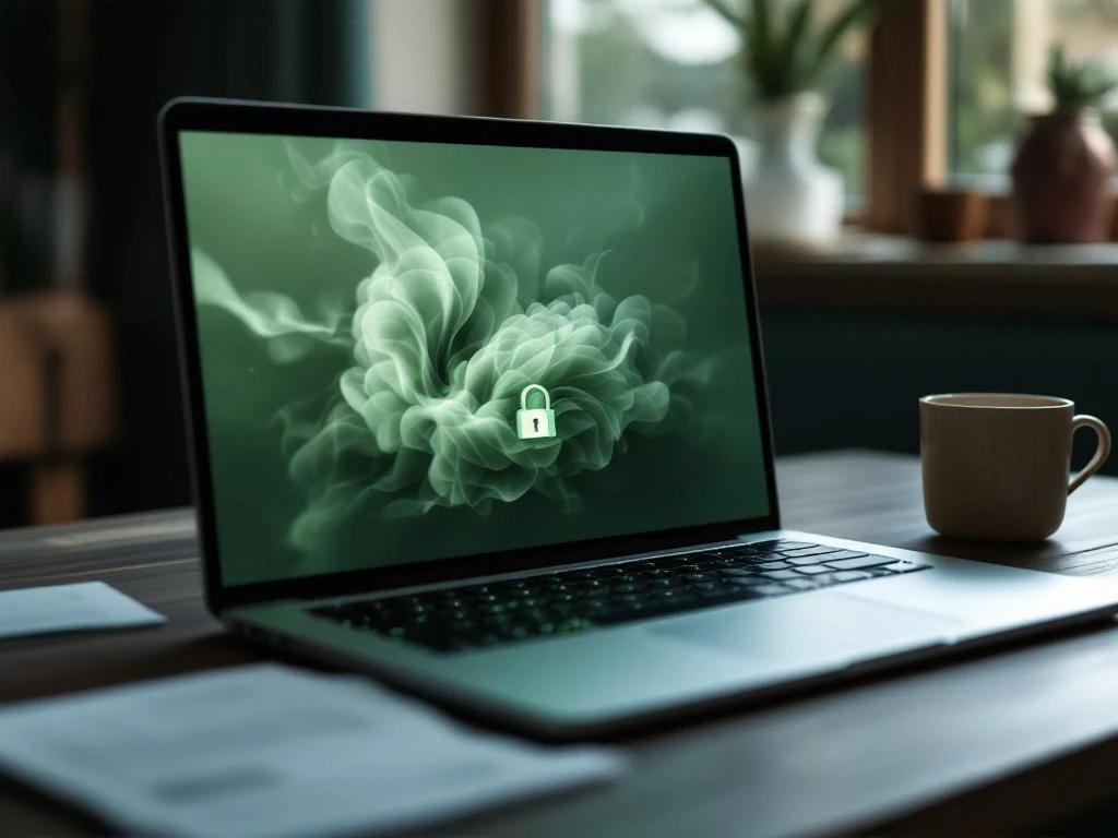 Moderne laptop op donker houten bureau toont groene cloudvormen met hangslot-icoon, documenten en koffiekop ernaast