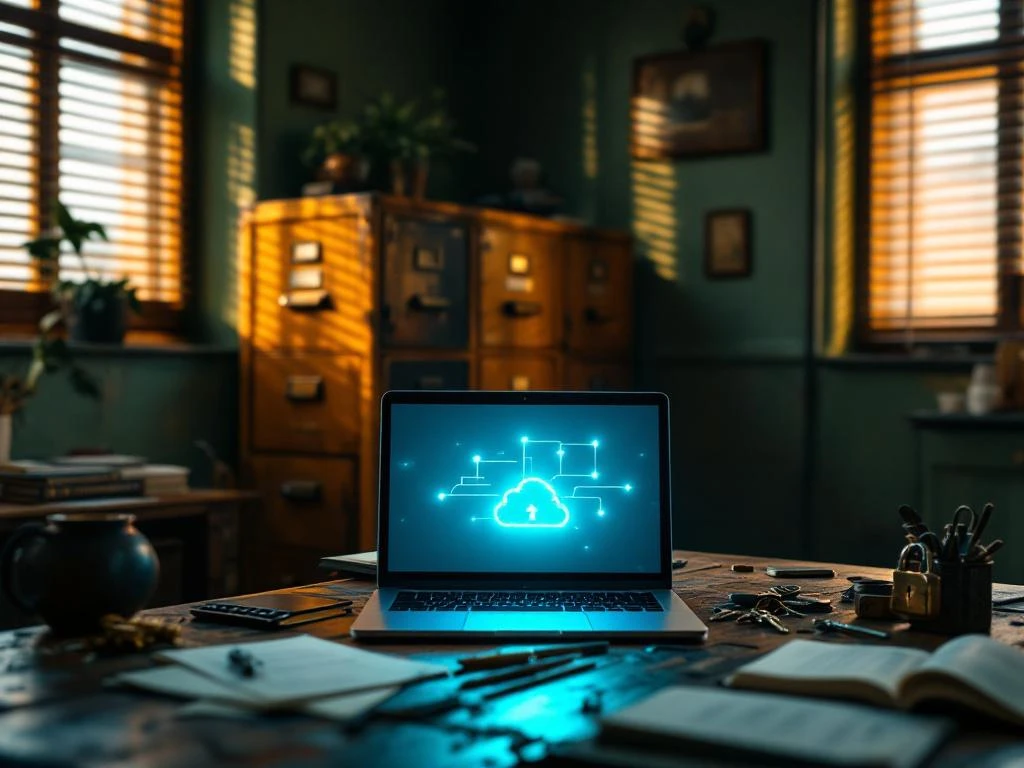Moderne laptop toont gloeiende cloudverbindingen op houten bureau met beveiligingsdocumenten en sleutels in kantoor