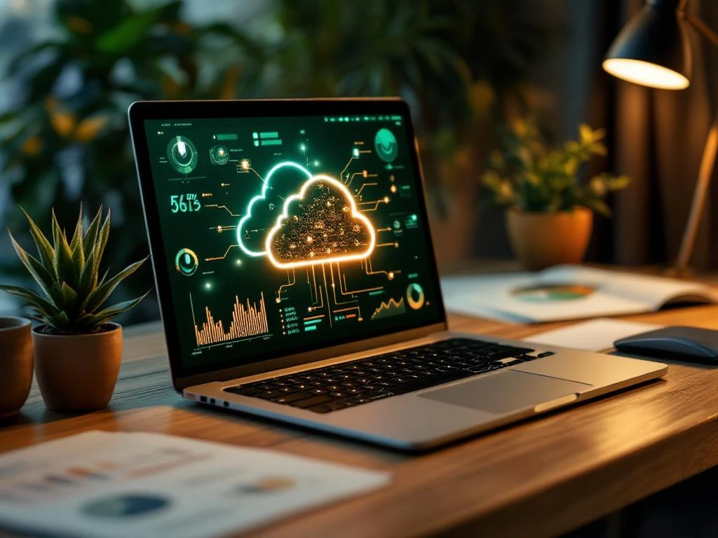 Laptop met cloudnetwerk op scherm op houten bureau met grafieken, plant en warme verlichting in werkruimte