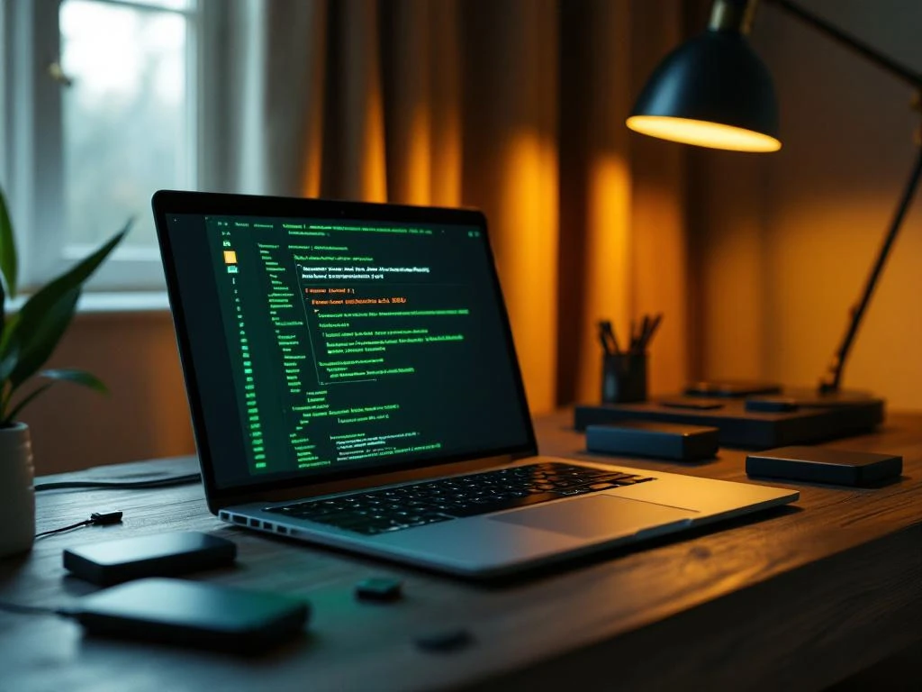 Laptop met beschadigde bestanden en foutmeldingen op scherm, omringd door USB-drives en externe harde schijven op bureau