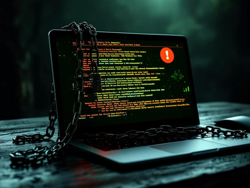 Laptop met kapotte bestanden op scherm, vastgeketend met hangslot op donkere houten bureau in groen licht