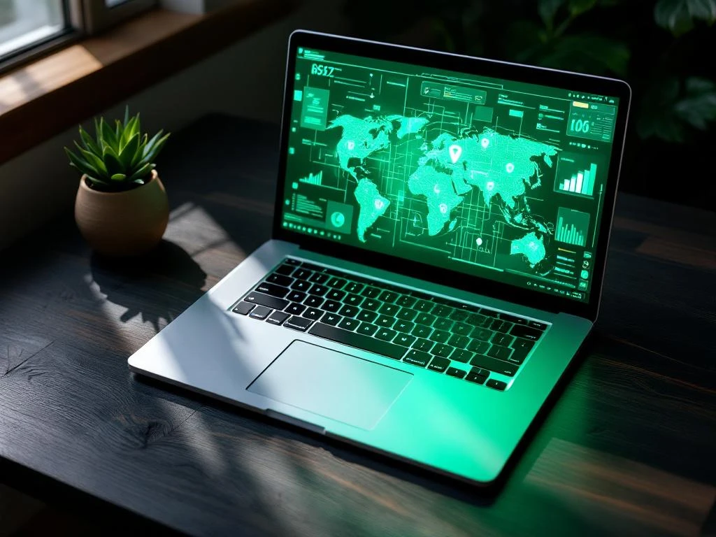 Moderne laptop met cybersecurity visualisaties op houten bureau met plantje, verlicht door groen schermgloed