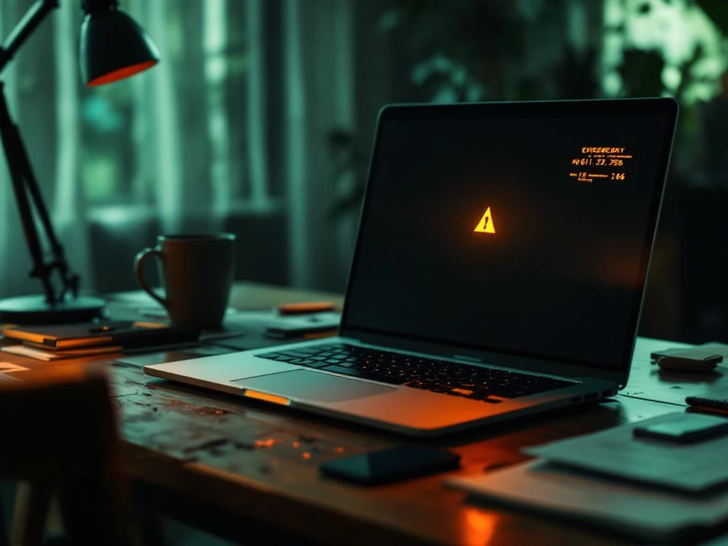 Laptop met waarschuwingsindicatoren op donker scherm op houten bureau met verspreide papieren in sfeervol licht