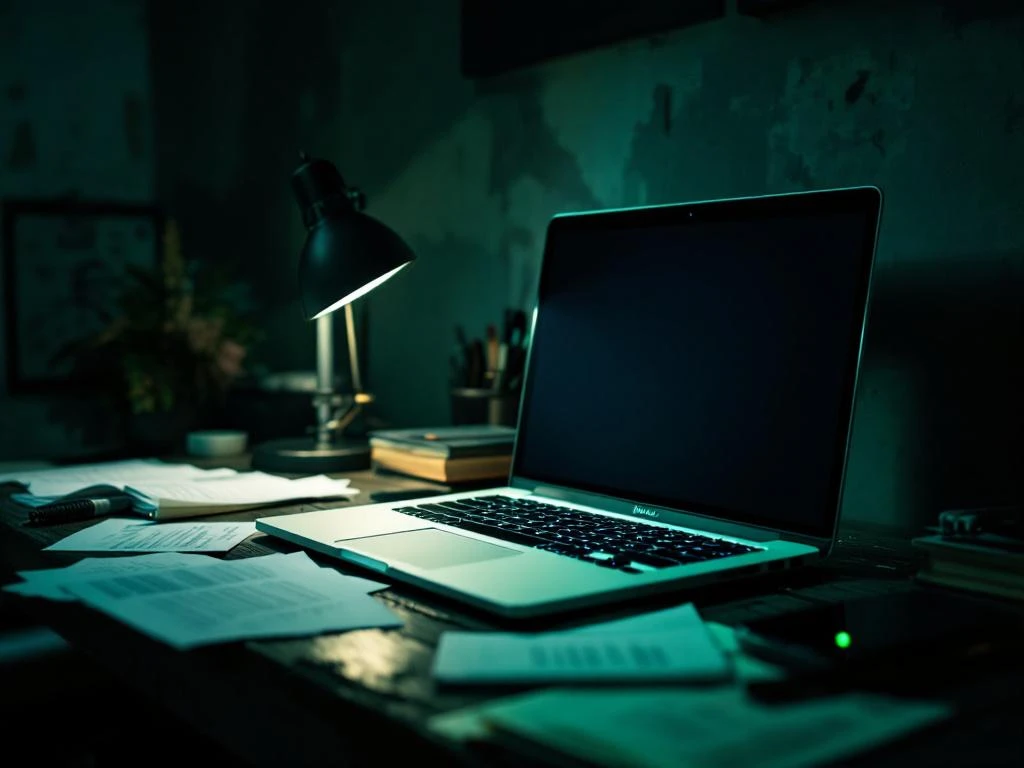 Laptop met waarschuwingsindicatoren op houten bureau omringd door documenten in dramatisch groen licht