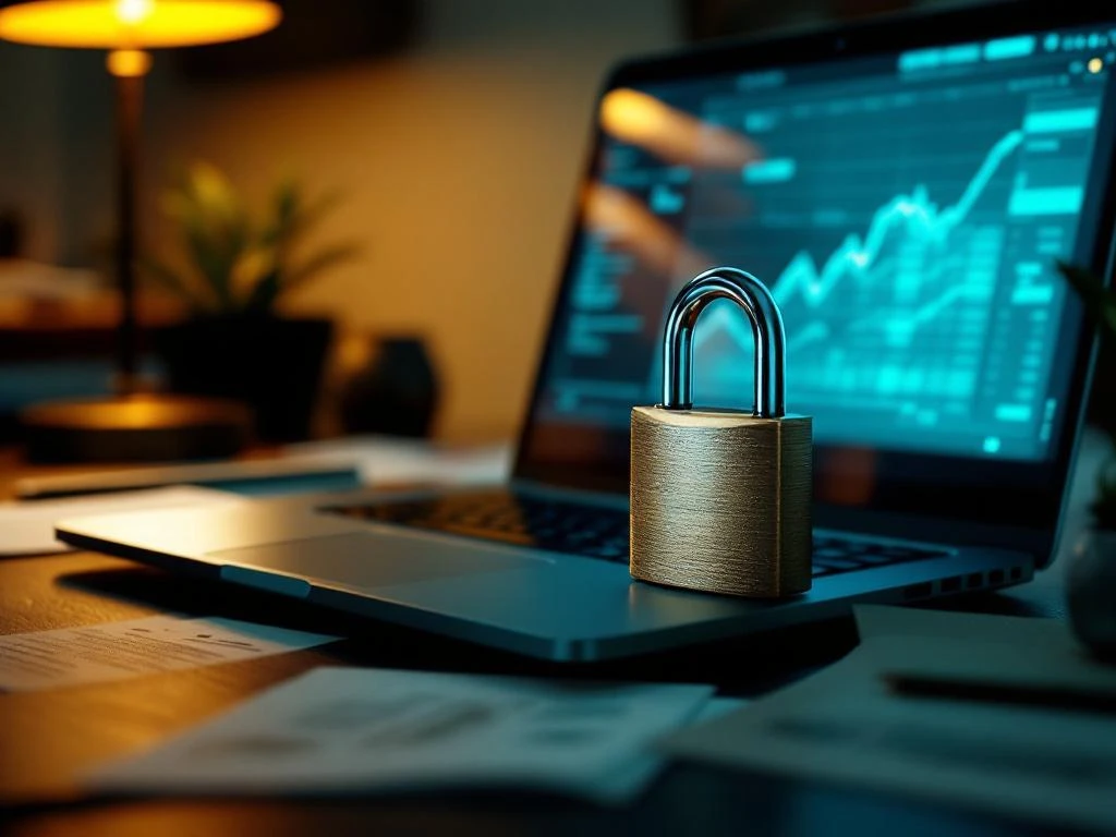 Hangslot op laptop toetsenbord met financiële spreadsheets en boekhoudingsdocumenten op houten bureau