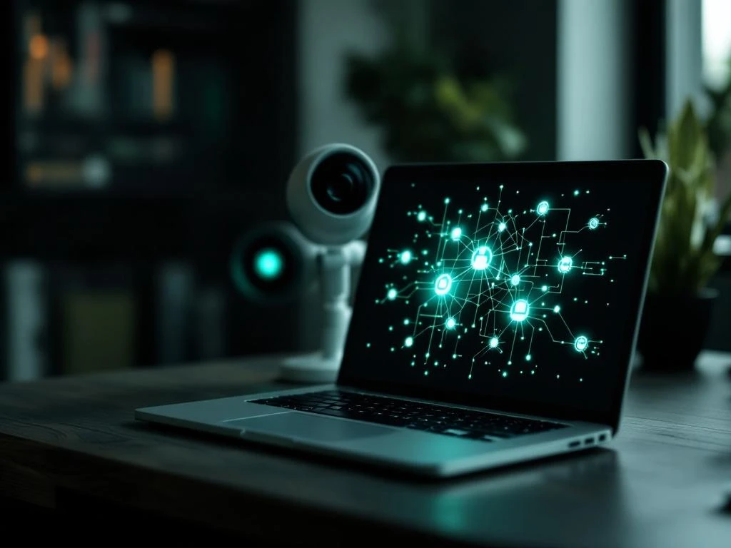 Moderne laptop met netwerkverbindingen op scherm naast beveiligingscamera op houten bureau, professionele werkplek