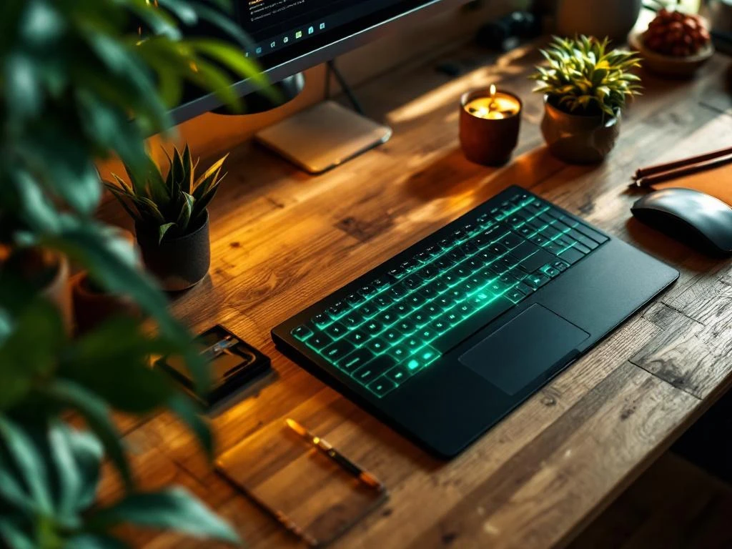 Zwart laptoptoetsenbord met één verlichte mintgroene toets op houten bureau met kantoorplanten en warme bureaulamp