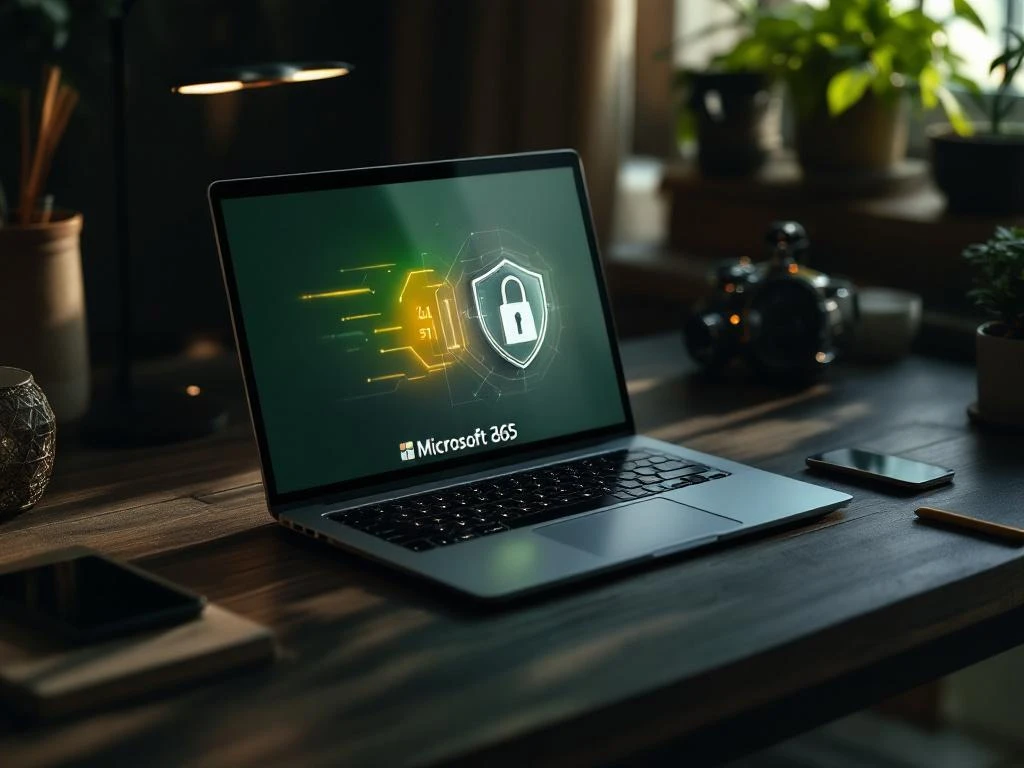 Moderne laptop met Microsoft 365 interface en digitale beveiligingsslot op donkere houten bureau met groene verlichting