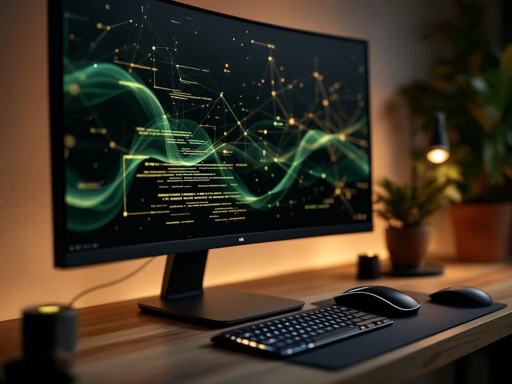 Donkere computermonitor met groene datastromen en verlichte muis op houten bureau in minimale werkruimte