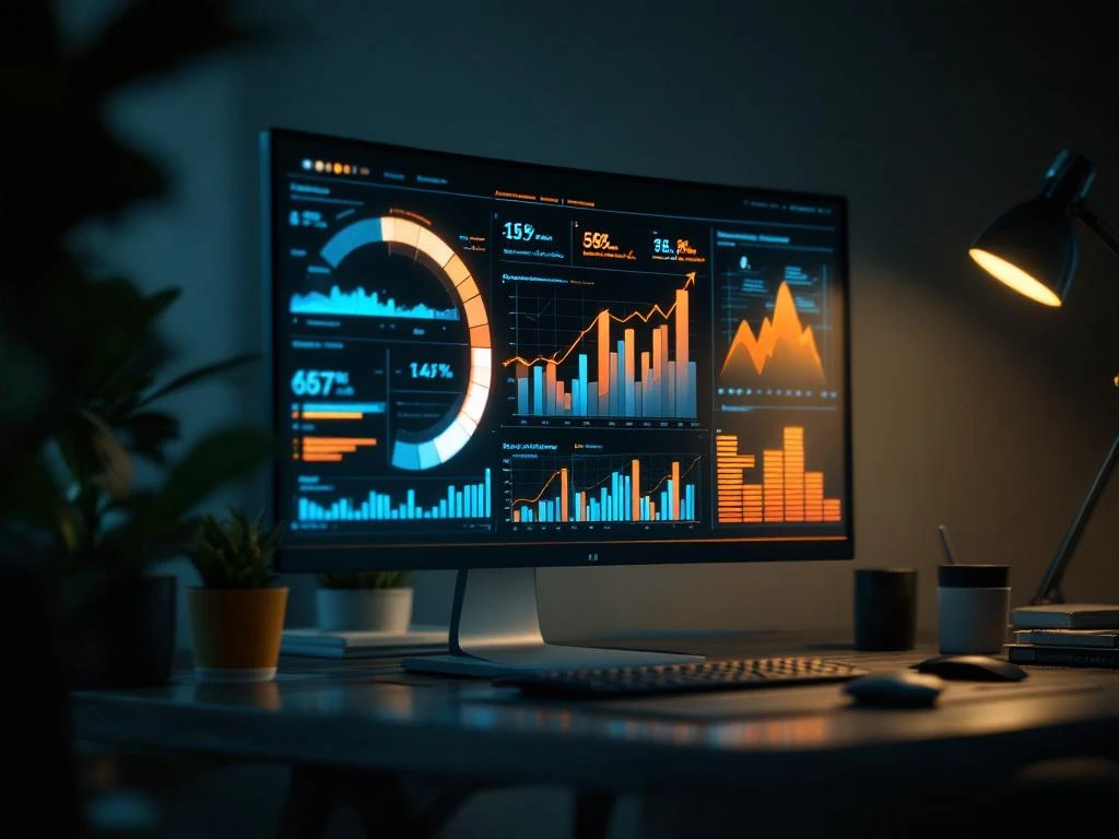 Computer monitor toont glowende data visualisatie grafieken en beveiligingsmetrieken op donker houten bureau