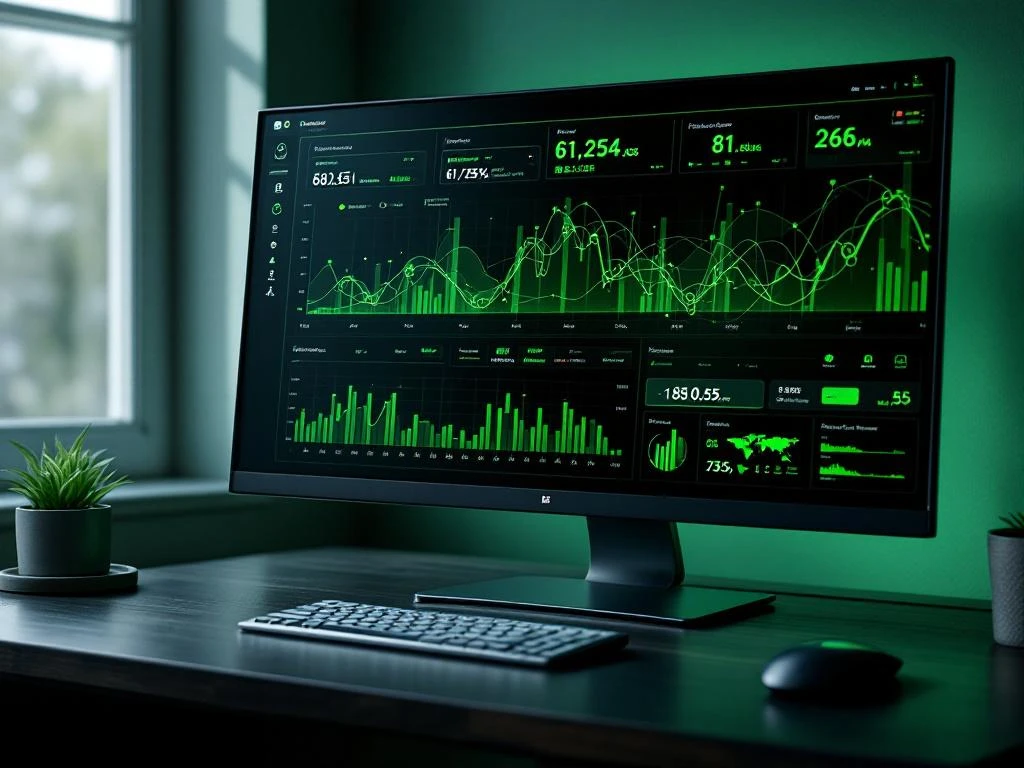 Zwart monitorscherm met groene datastromen en netwerkknooppunten op donkere houten bureau met draadloze muis