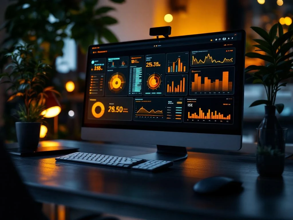 Moderne monitoringdashboard op houten bureau toont systeemwaarschuwingen met groene en oranje statusindicatoren