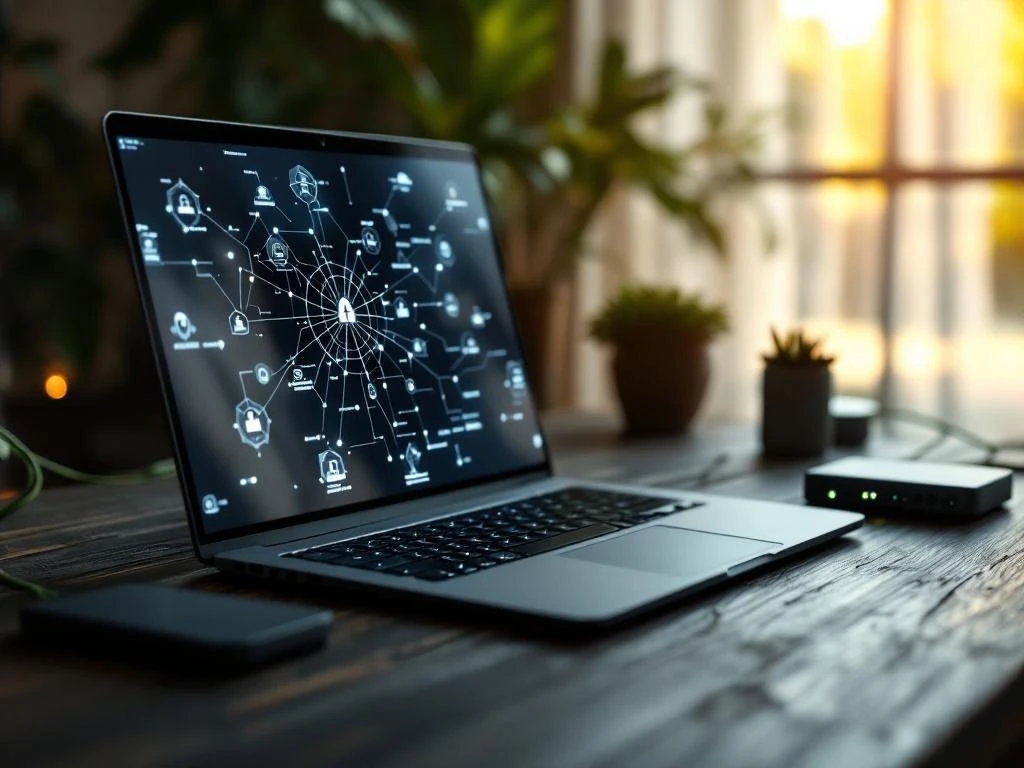 Zwarte laptop toont netwerkverbindingen op houten bureau met groene kabels en verlichte connectoren