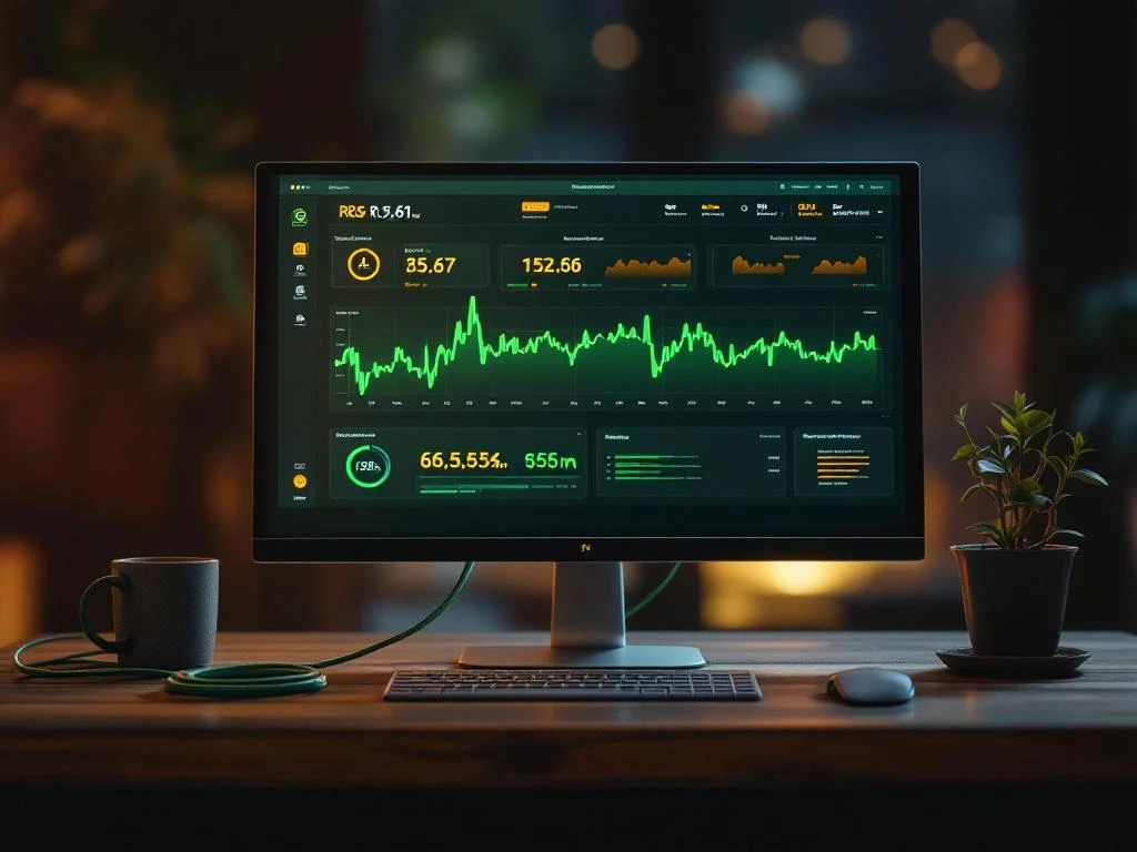 Netwerkmonitoringdashboard op houten bureau toont datastromen en beveiligingsmeldingen met groene kabel en plant