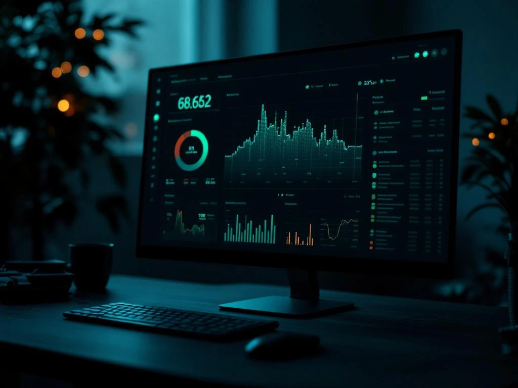 Donkere netwerkmonitoringsdashboard op computerscherm met groene datavisualisaties en één heldere cyaan waarschuwing