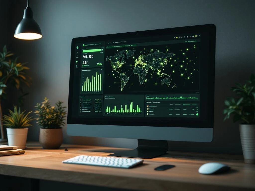 Digitaal netwerk dashboard met groene verbindingslijnen en knooppunten op computerscherm op houten bureau
