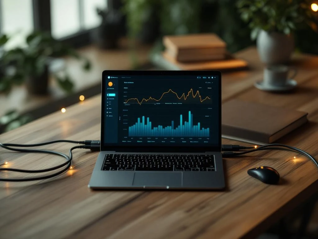 Netwerkmonitoringdashboard op laptop met groene ethernetkabels en lichtsporen op houten bureau, overhead weergave