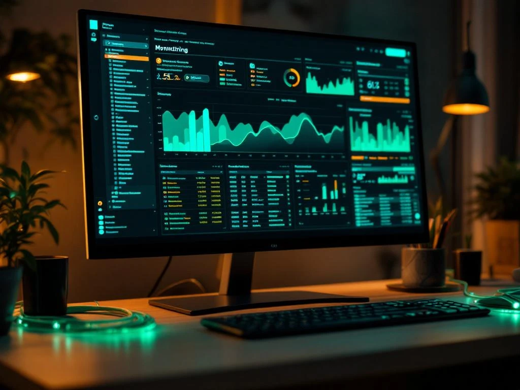 Netwerk monitoring dashboard op donkere monitor met groene ethernet kabels op houten bureau, mint groene LED verlichting