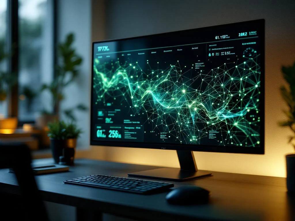 Netwerkmonitoringdashboard op donkere monitor toont datastromen in groene tinten met teal accenten op houten bureau
