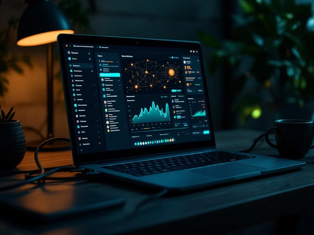 Moderne laptop toont netwerkmonitoring dashboard met ethernet kabels op houten bureau, ambient verlichting