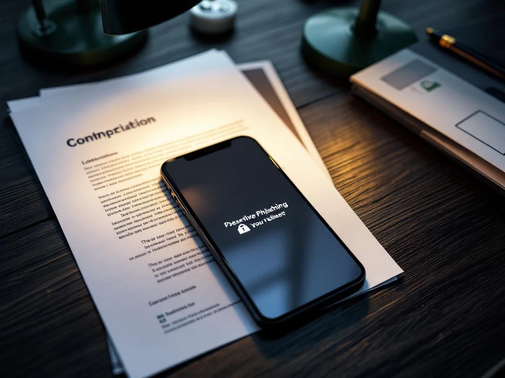 Smartphone met phishing-bericht op donker houten bureau tussen bedrijfsdocumenten, beveiligingsbadge en pen zichtbaar