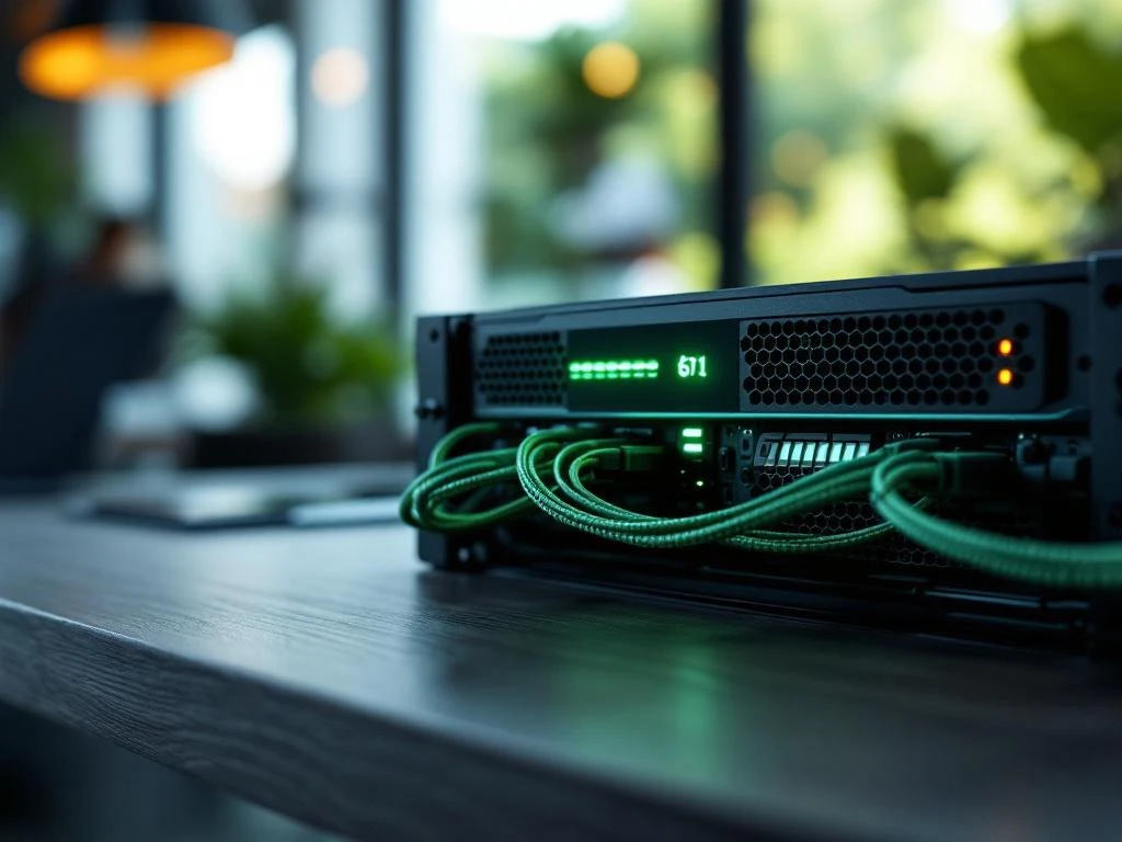 Moderne serverbehuizing met groene LED-indicatoren en georganiseerde ethernetkabels op houten bureau in kantooromgeving