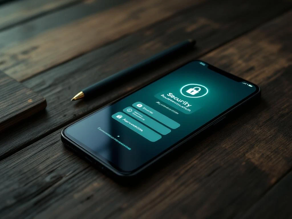Moderne smartphone met beveiligingsschermen en vingerafdrukscanner op donkere houten bureau met groene achtergrond
