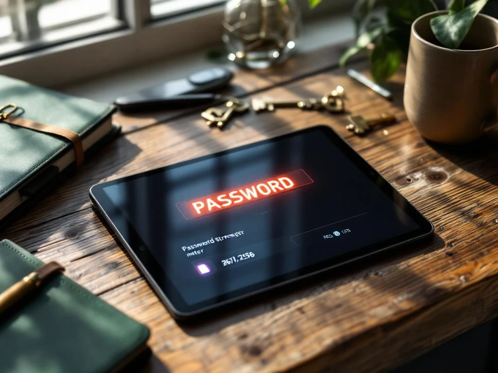Digitale tablet met gloeiende wachtwoordsterktmeter op houten bureau, omringd door vintage sleutels en vingerafdrukscanner