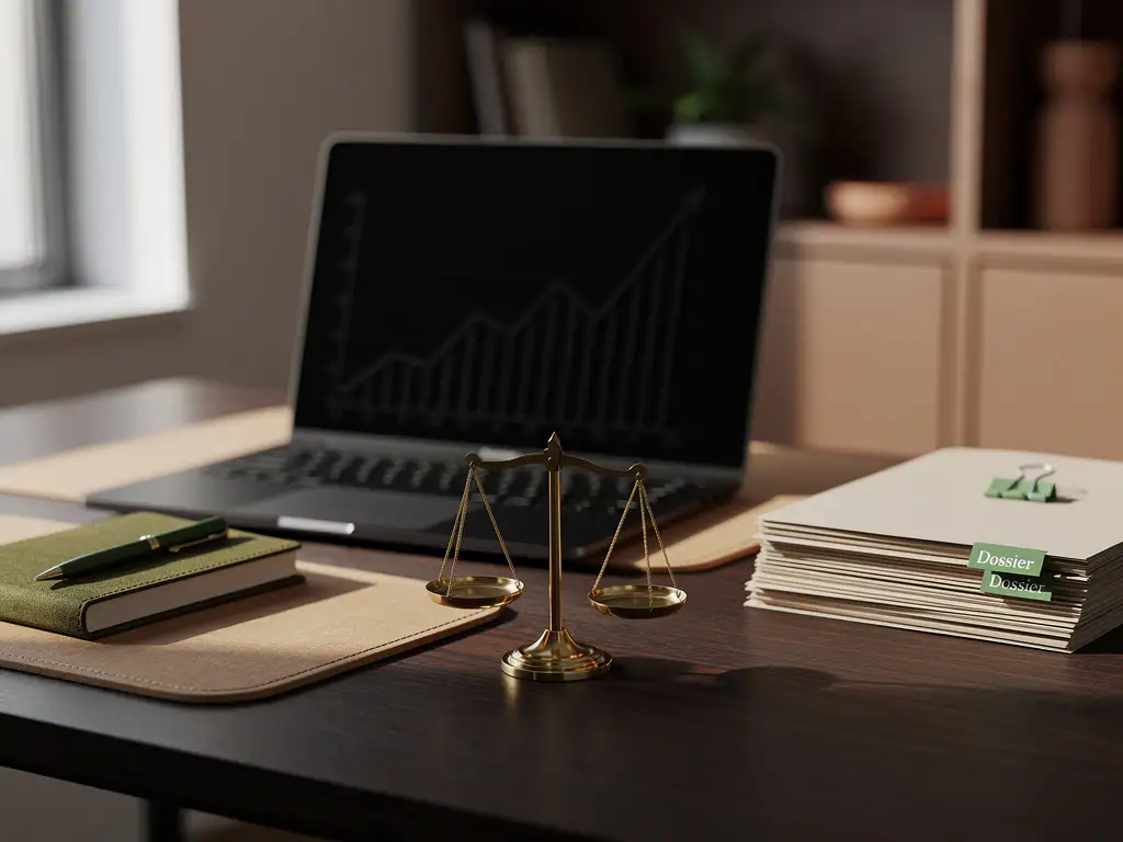 Messing balansweegschaal op donkerhouten bureau naast laptop met stijgende grafiek, dossiers en groene kantooraccessoires