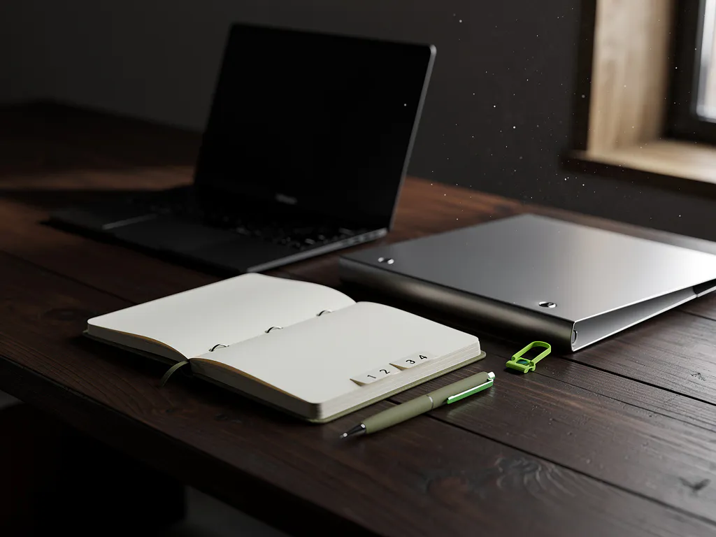 Gesloten zwarte laptop en open notitieboek met drie tabbladen op donker houten bureau, pen en balansweegschaal in zijlicht