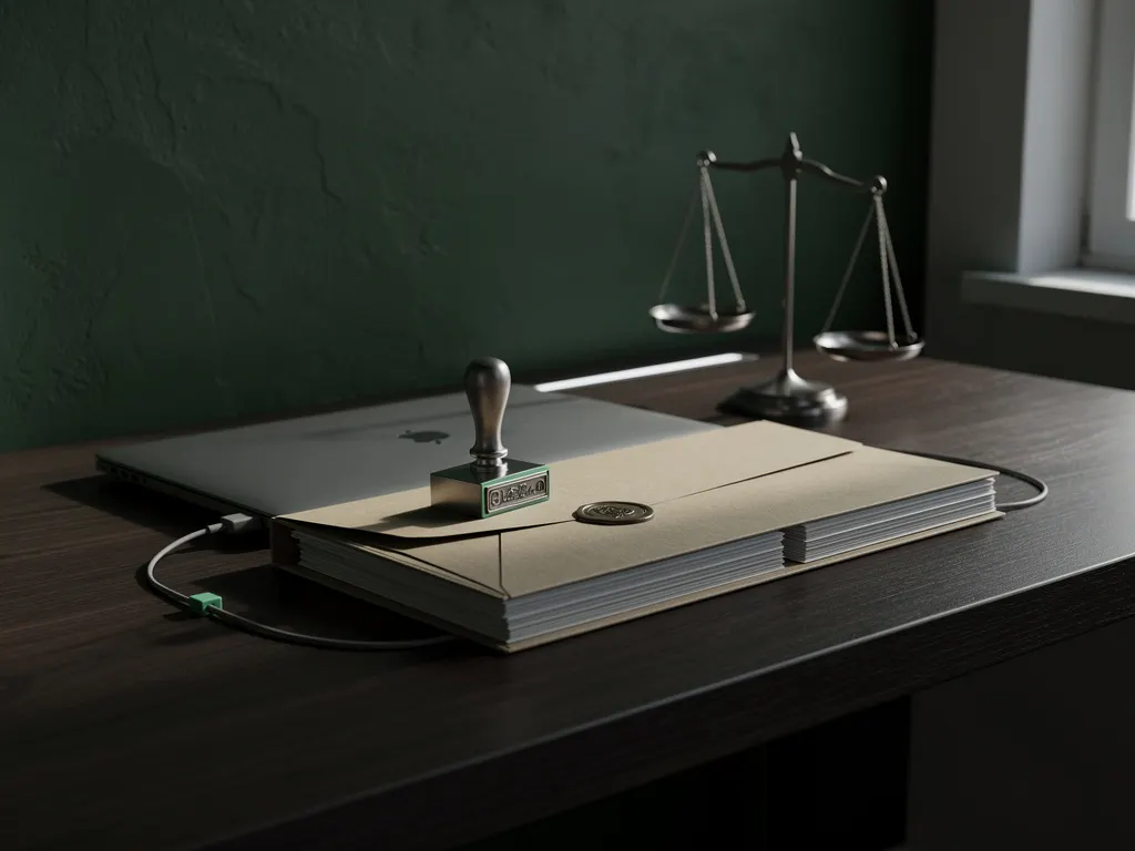 Metalen stempel op kraftpapieren dossiers en verzegelde envelop op walnoten bureau, compliance balans, donkergroene muur.