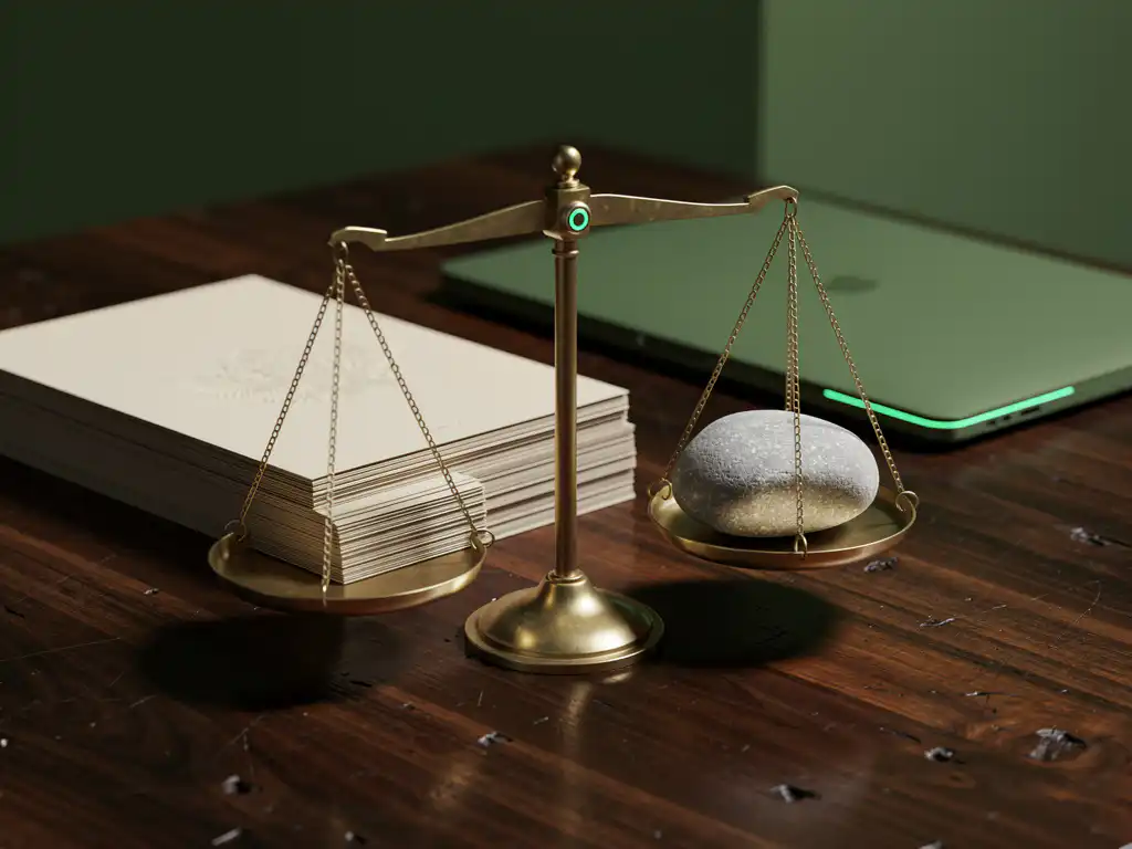 Brass balansweegschaal op walnoten bureau met documenten en riviersteen, laptop erachter, minimalistisch juridisch kantoor