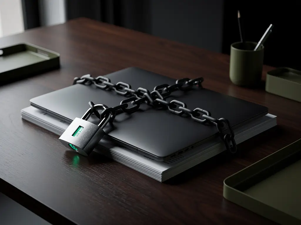 Kettingslot met hangslot om gesloten laptop en contracten op donker notenhouten bureau, cybersecurity en databeveiliging