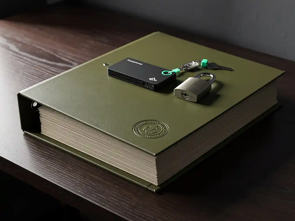 Groene metalen ordner met compliance documenten, keycard en hangslot op bureau, symbool voor supplier risk control