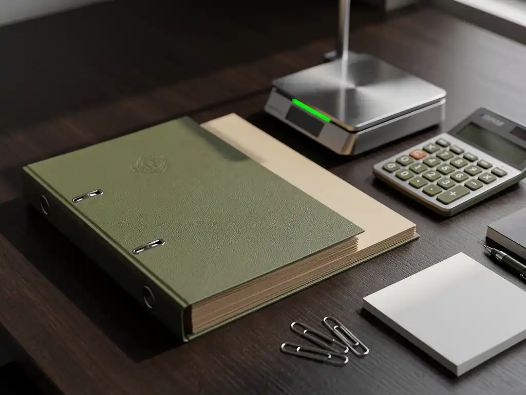 Mosgroene ringmap op stapel zandkleurige documenten op donker houten bureau, met weegschaal en rekenmachine met mintaccent