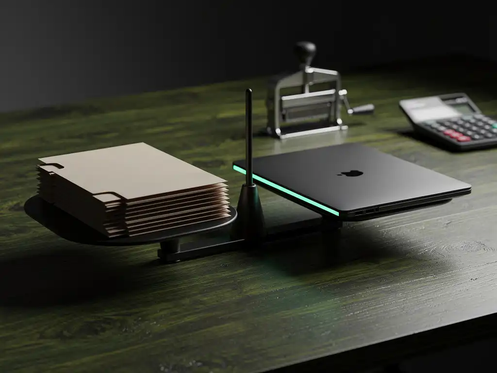 Matte zwarte weegschaal in balans op donker houten bureau, papieren dossiers tegenover gesloten laptop met groene randverlichting