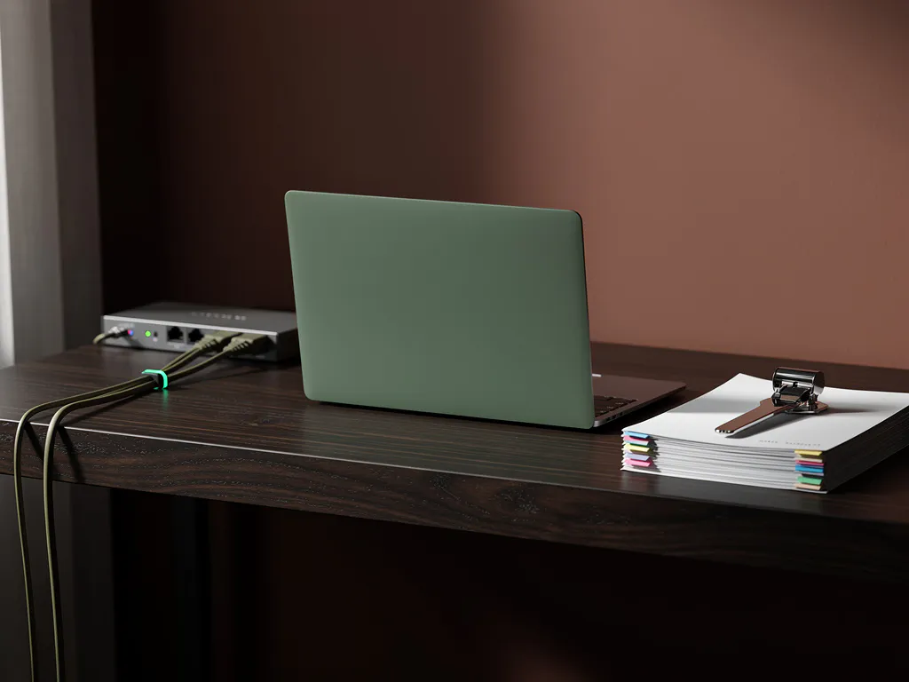 Mosgroene laptop op minimalistisch walnotenhouten bureau met dossiers en netwerkswitch, natuurlijk zijlicht en veel ruimte