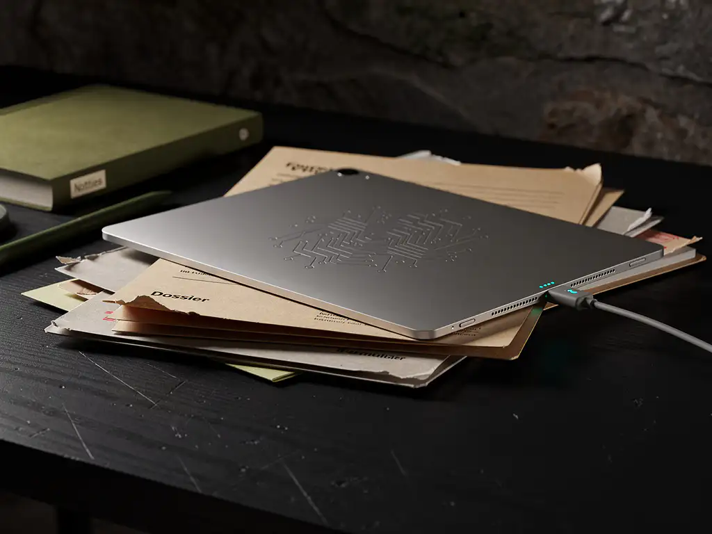 Metalen tablet met digitaal netwerkreliëf op stapel dossiers op matzwart bureau, LED-accent en groene kantooritems, WWKE-weerbaarheid