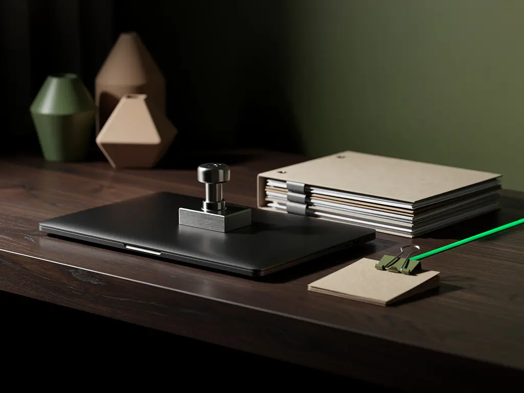 Matte zwarte laptop op minimalistisch walnotenhouten bureau met stempel en dossiers, juridisch kantoor in groentinten