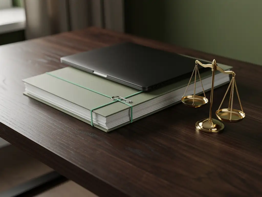 Financiële ledgers met matte zwarte laptop en brass balansschaal op walnoten bureau, modern Nederlands kantoor, compliance