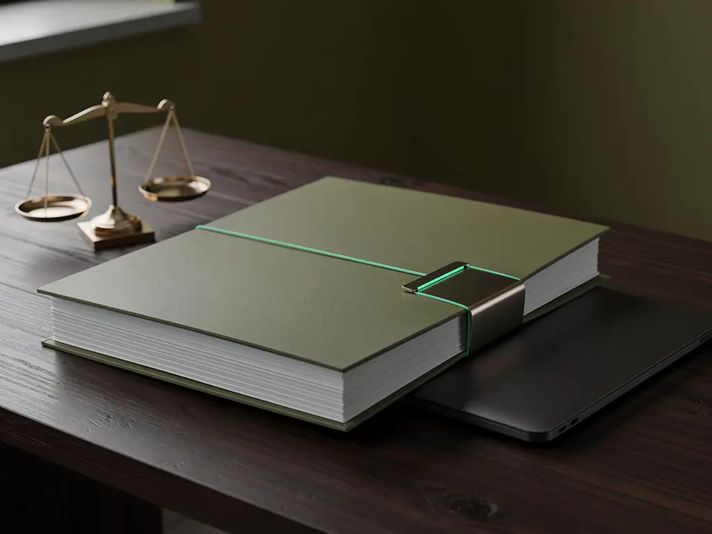 Mossgroene map met compliance documenten en balansweegschaal naast zwarte laptop op walnoothouten bureau, governance en audit