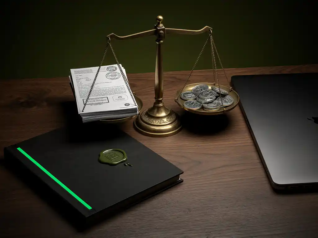 Brass balans weegt gestempelde compliance documenten tegen boetetokens op bureau met laptop en dossier met zegel