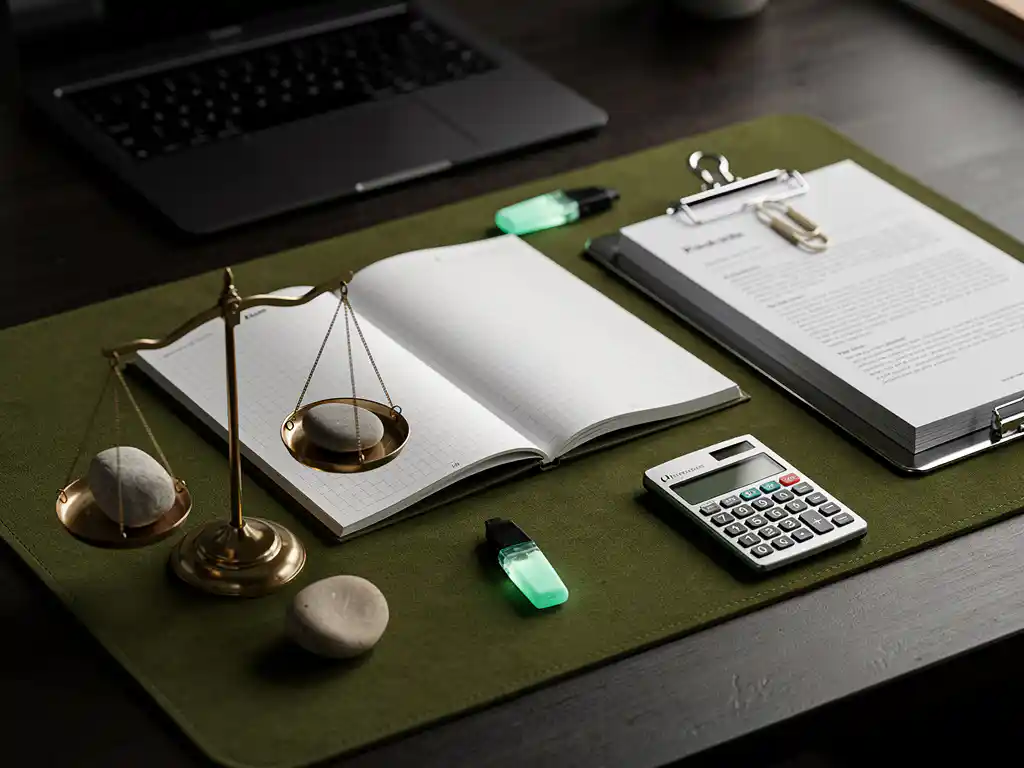 Risicoanalyse werkboek en balansschaal met stenen op minimalistisch bureau, digitale beveiliging, laptop en calculator vaag.