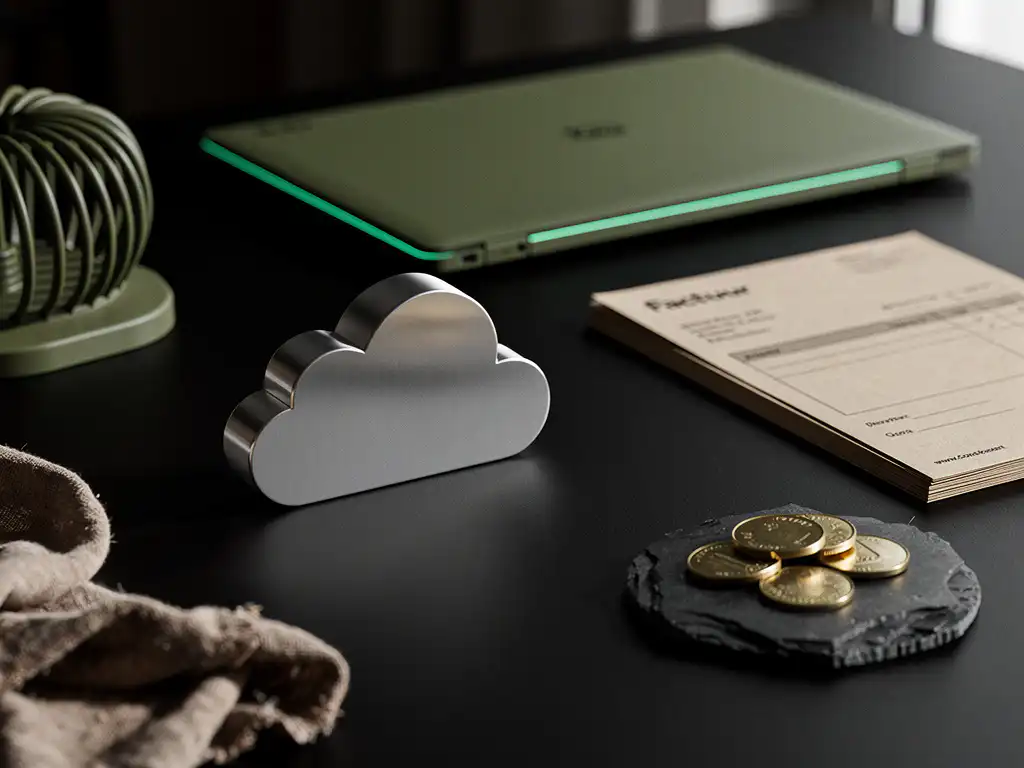 Minimalistische cloud-vormige metalen paperweight op zwart bureau met facturen, munten en gesloten groene laptop, zijlicht