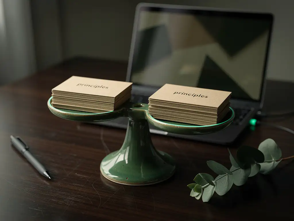 Mossgroene keramische bureau-organizer als weegschaal met zes kraftkaarten, laptop, pen en eucalyptus op notenhouten bureau