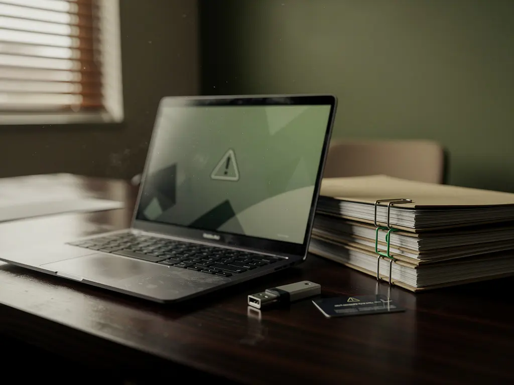 Onbeheerde zakelijke laptop op walnoothouten bureau met USB-stick, sleutelkaart en dossiers, subtiele beveiligingswaarschuwing