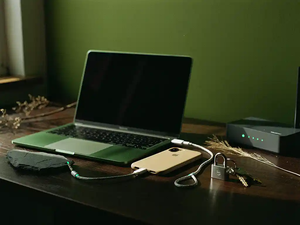 Mossgroene laptop en smartphone met gevlochten kabel, hangslot en router op donker bureau, cybersecurity blogthumbnail
